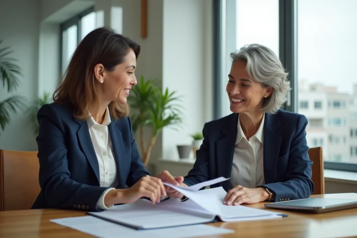 Femme confiante en blazer navy examine documents immobiliers
