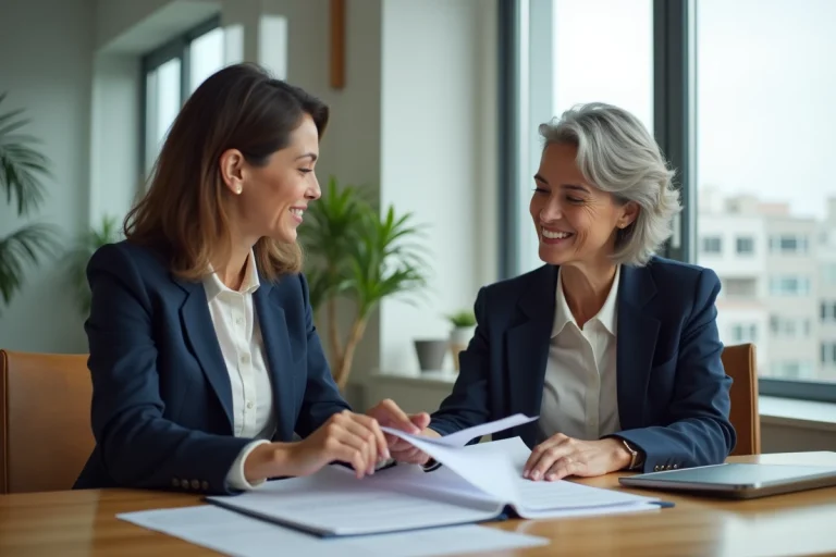 Femme confiante en blazer navy examine documents immobiliers