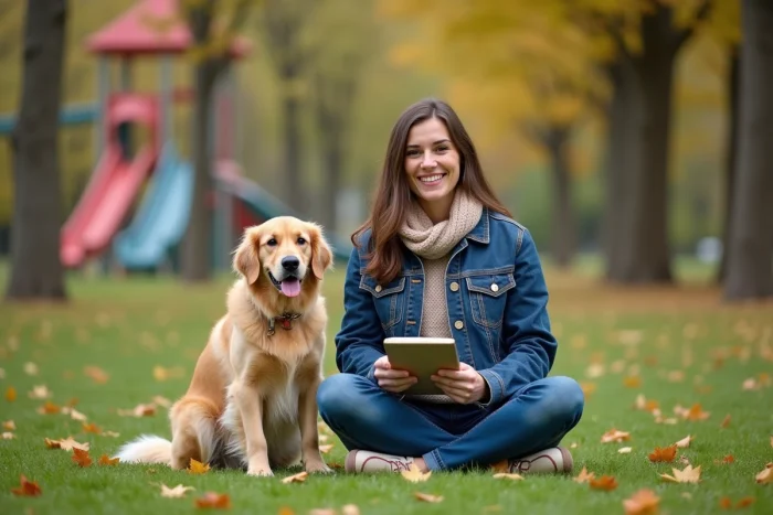 Femme souriante avec chien dans un parc automnal