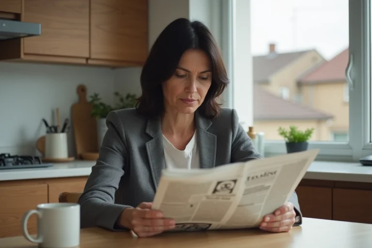 Femme d'âge moyen lisant un journal dans une cuisine moderne