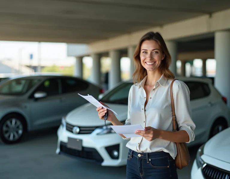 Femme souriante récupérant les clés d'une voiture de location à l'aéroport, tenant un contrat de location