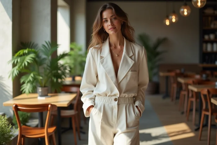 Femme élégante en blazer dans un café urbain ensoleille