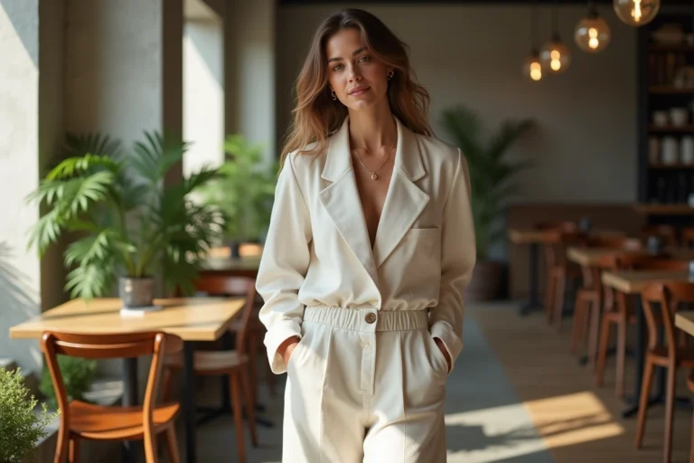 Femme élégante en blazer dans un café urbain ensoleille