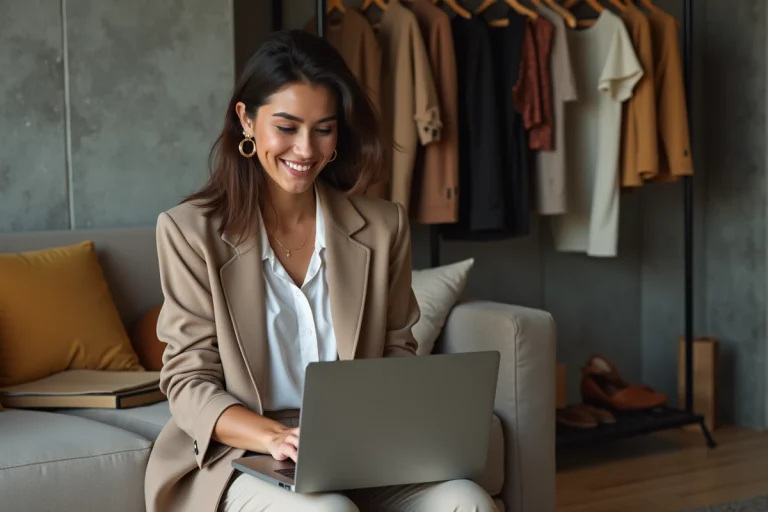 Jeune femme chic utilisant un ordinateur dans un intérieur moderne