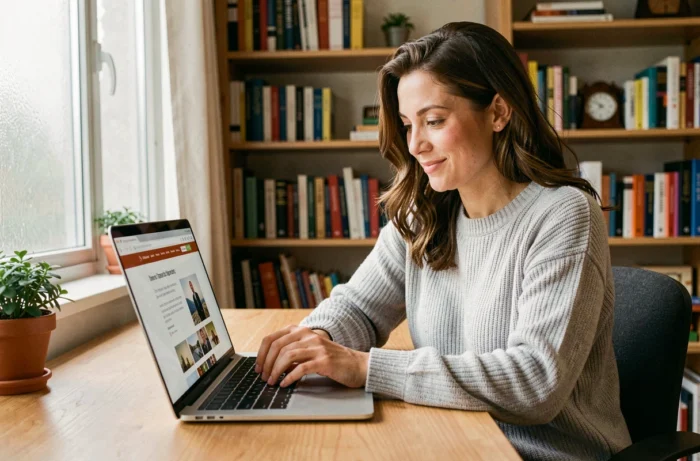 Femme parcourant le contenu d'un site web sur son ordinateur portable dans un bureau à domicile chaleureux