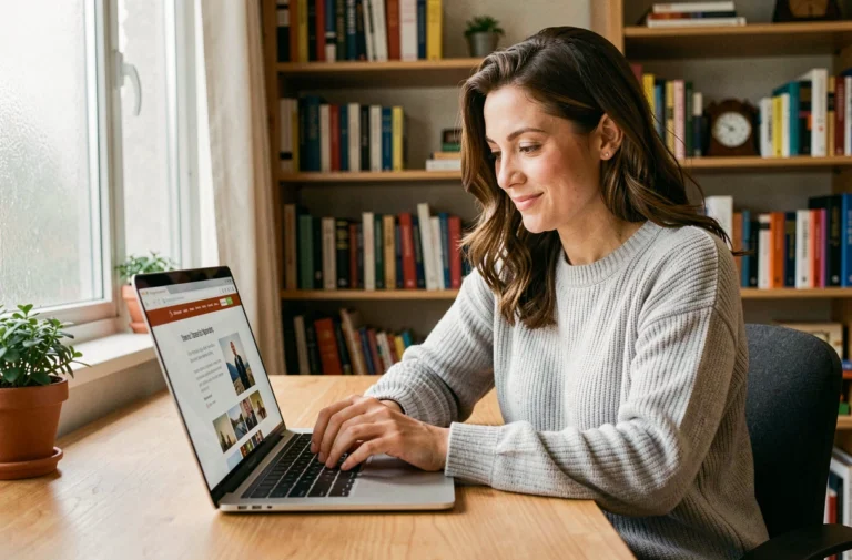 Femme parcourant le contenu d'un site web sur son ordinateur portable dans un bureau à domicile chaleureux