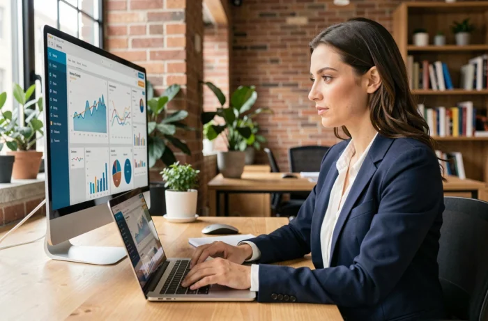 Femme professionnelle analysant des tableaux de bord d'analytics pour optimiser sa présence en ligne