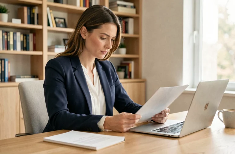 Femme professionnelle en blazer marine révisant son CV à un bureau moderne pour trouver un emploi rapidement