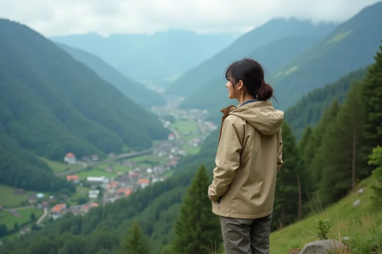 Jeune femme en randonnée face à une vallée verdoyante