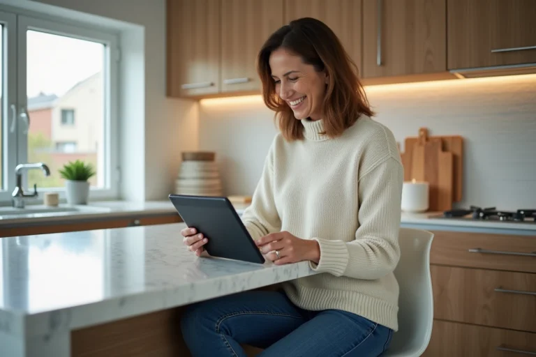 Femme souriante utilisant une tablette dans une cuisine moderne