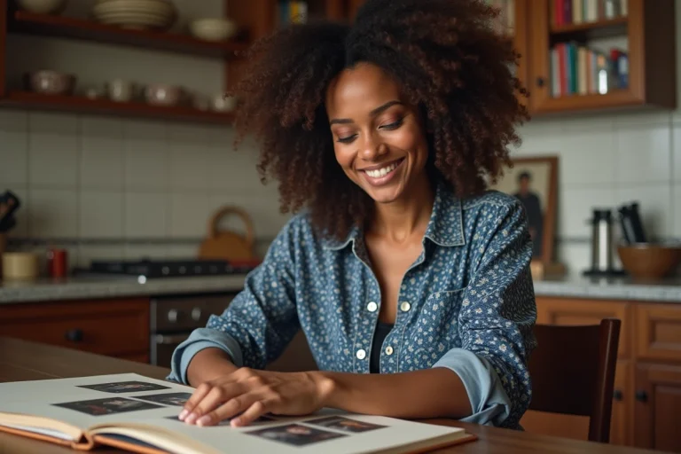 Femme souriante avec scrapbook dans la cuisine chaleureuse