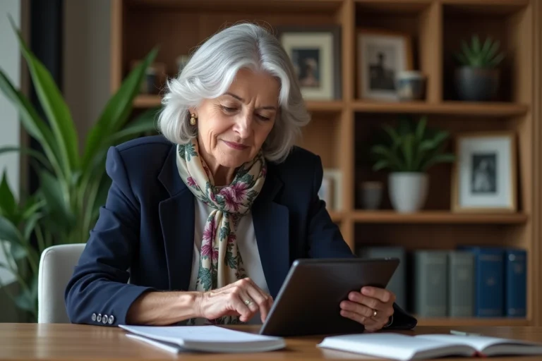Femme senior élégante lisant une tablette dans son bureau