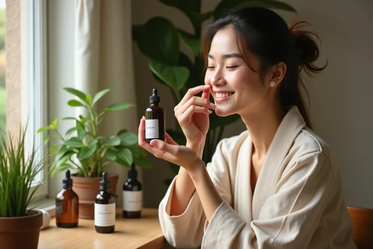 Femme appliquant une huile botanique sur le visage