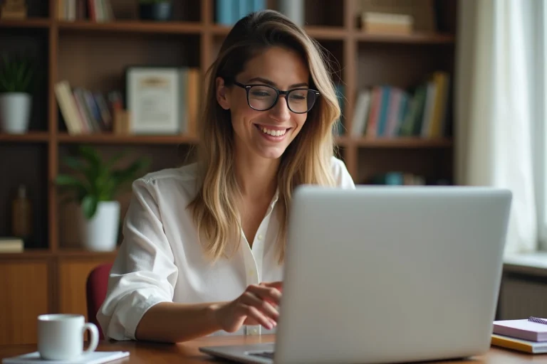 Femme souriante en ligne lors d'une séance de tutorat à domicile