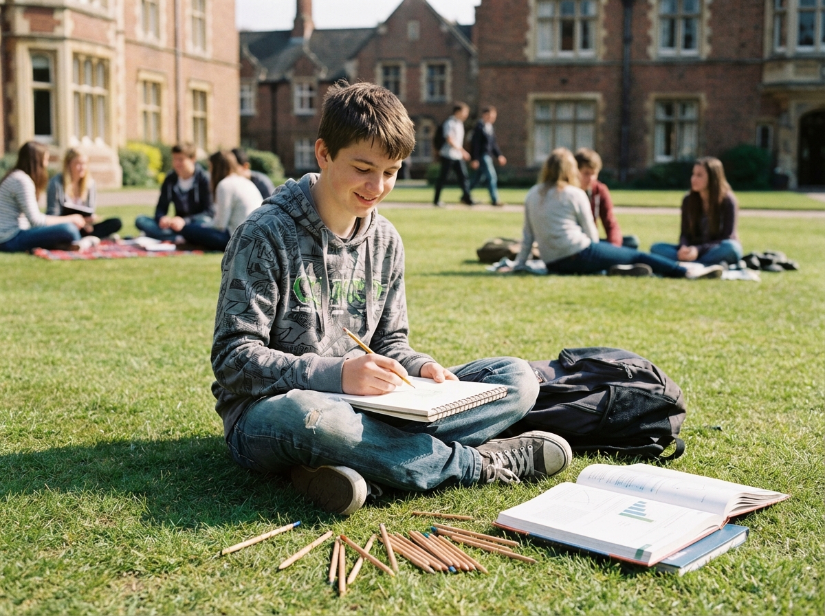 Adolescent dessinant dans un carnet en plein air