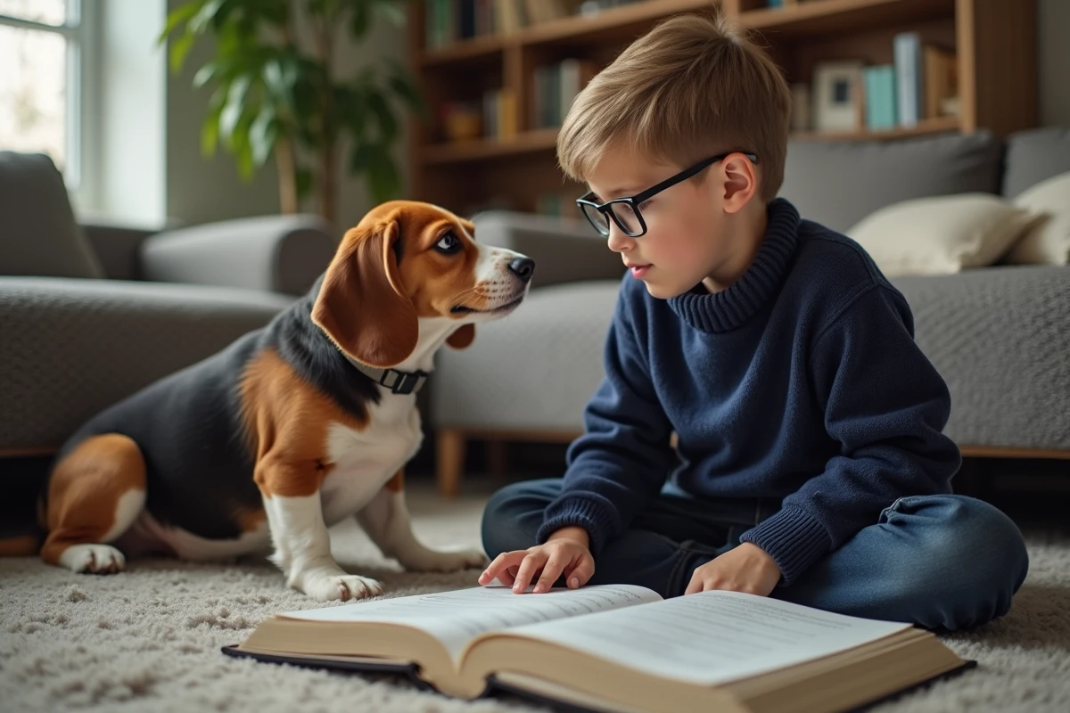 Garçon lisant un livre quiz avec chien dans le salon