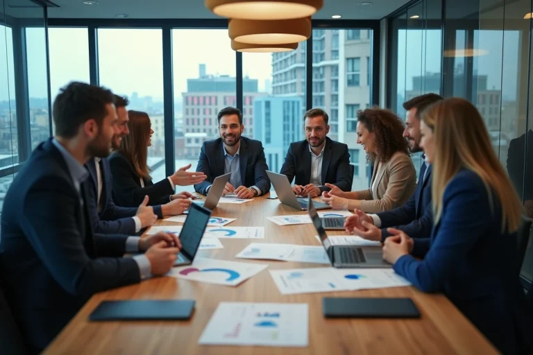 Groupe de professionnels discutant autour d'une table en réunion