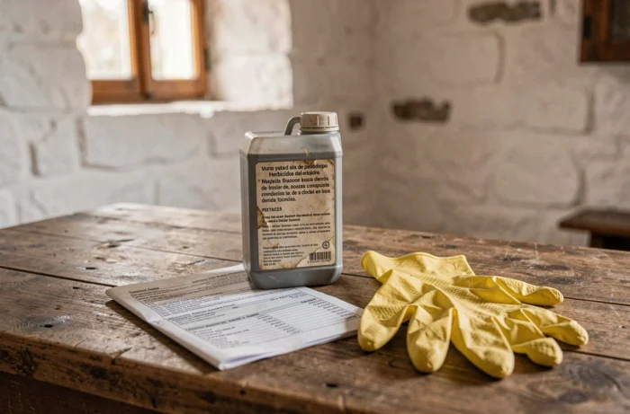 Gros plan sur un emballage d'herbicide avec fiche de sécurité et gants de protection posés sur une table en bois dans une ferme espagnole