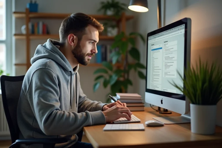 Homme en hoodie travaillant sur son ordinateur à domicile
