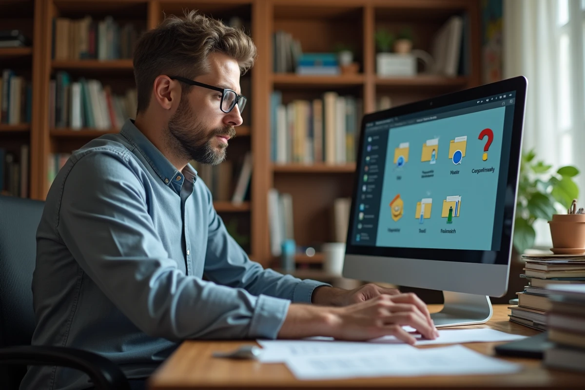 Homme concentré travaillant sur son ordinateur dans un bureau à domicile