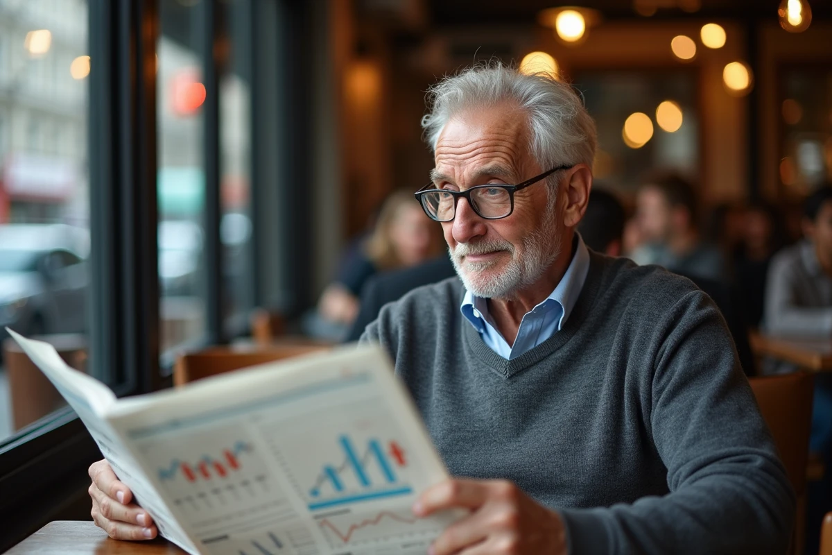 Homme âgé lisant un journal financier dans un café