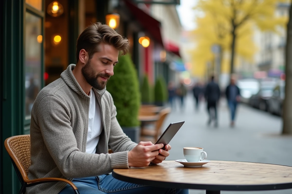 Homme lisant dans un café parisien en extérieur