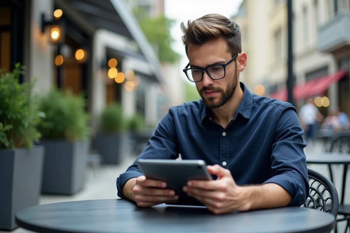 Jeune homme au café utilisant une tablette en ville