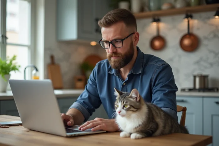Homme comparant des offres d'assurance pour animaux de compagnie sur un ordinateur portable avec son chat assis à côté de lui dans la cuisine