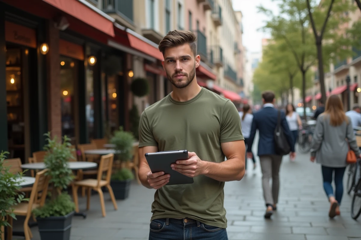 Homme dessinant sur une tablette dans un café en ville