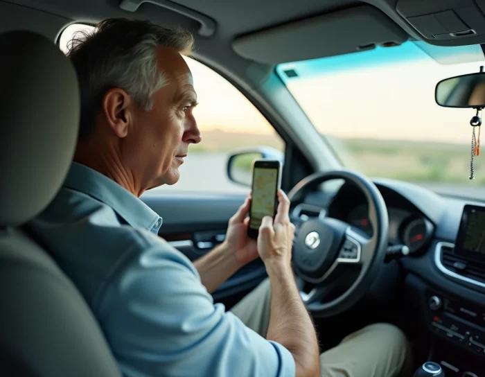 Homme utilisant le GPS sur smartphone dans une voiture de location, prêt pour un voyage en toute sérénité