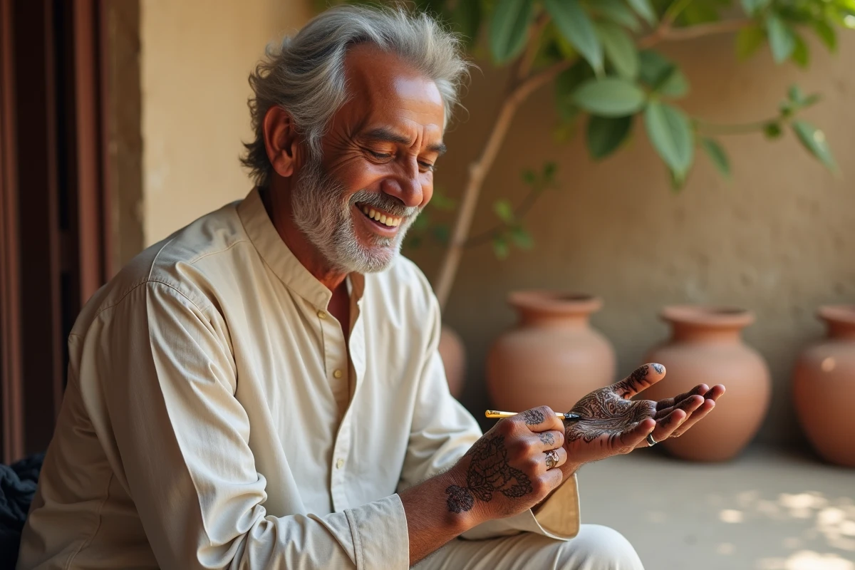Homme sud-asiatique peignant du henna en extérieur