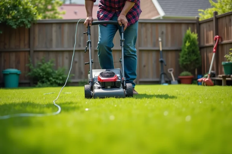 Homme d'âge moyen manœuvrant une tondeuse électrique dans le jardin