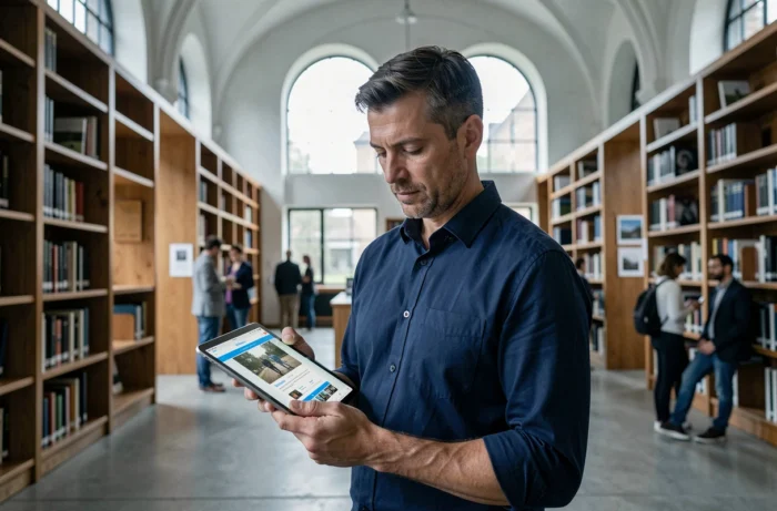 Homme consultant du contenu numérique sur une tablette dans une bibliothèque contemporaine