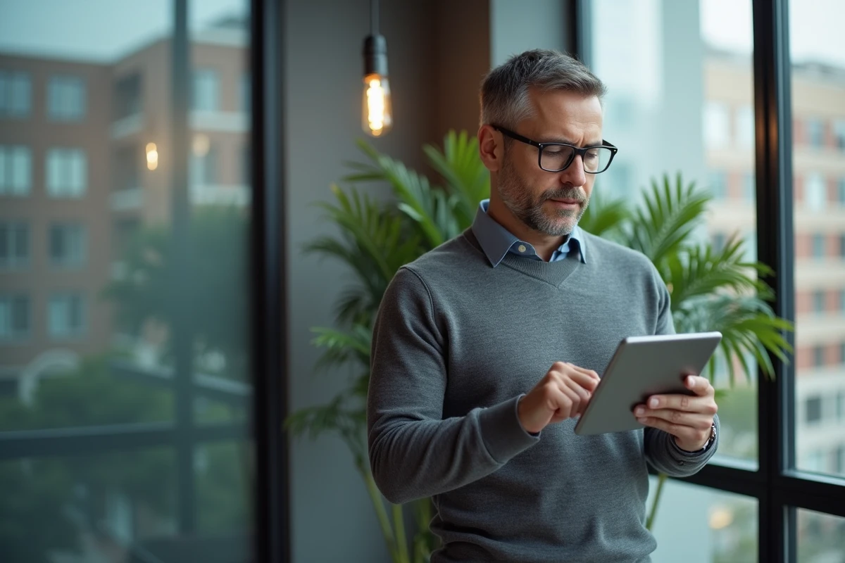Homme en bureau contemporain utilisant une tablette