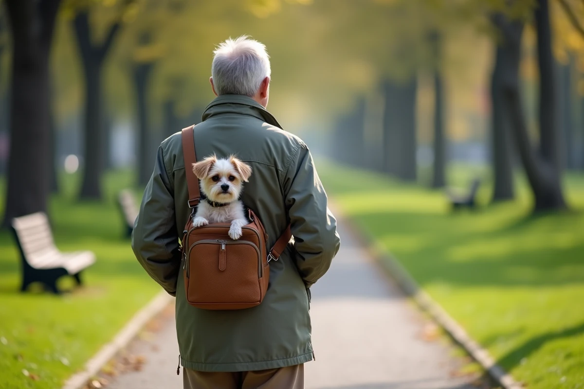 Homme âgé portant son chien dans un sac en plein parc naturel