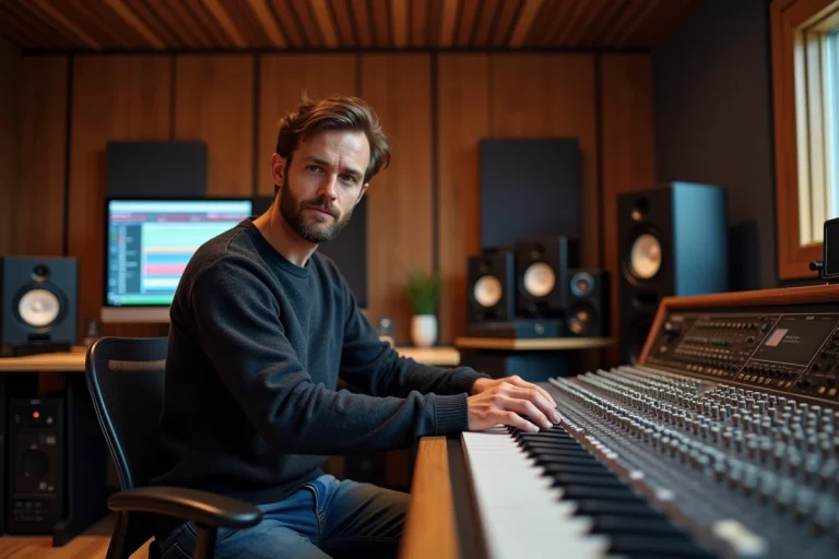 Homme en studio d'enregistrement mixant audio