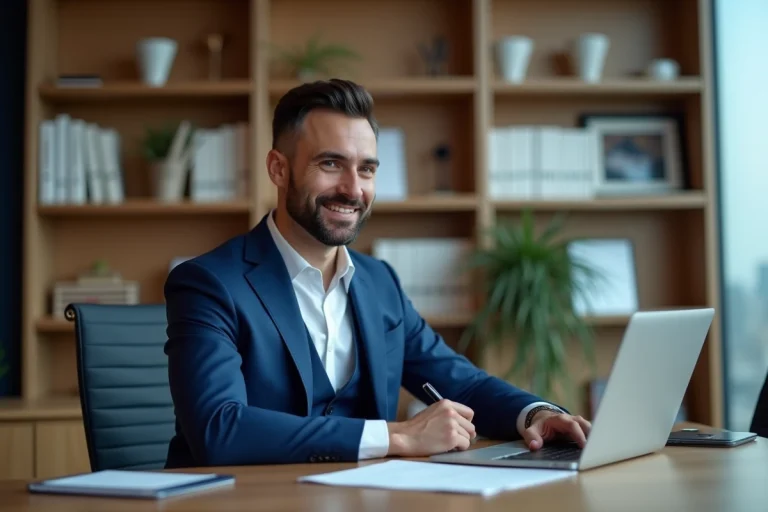 Homme en costume bleu dans un bureau moderne souriant