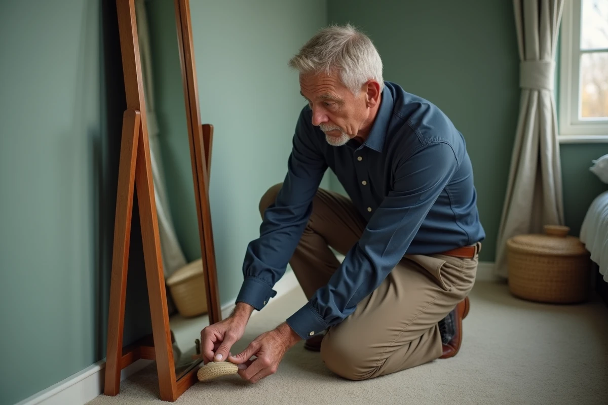 Homme âgé ajustant un cale porte en caoutchouc devant un miroir dans une chambre