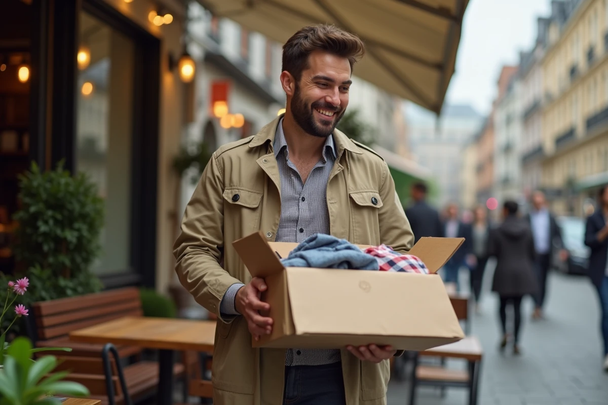Homme souriant déballant des vêtements dans un café urbain