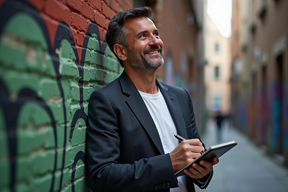 Homme en blazer dans une rue urbaine graffiti