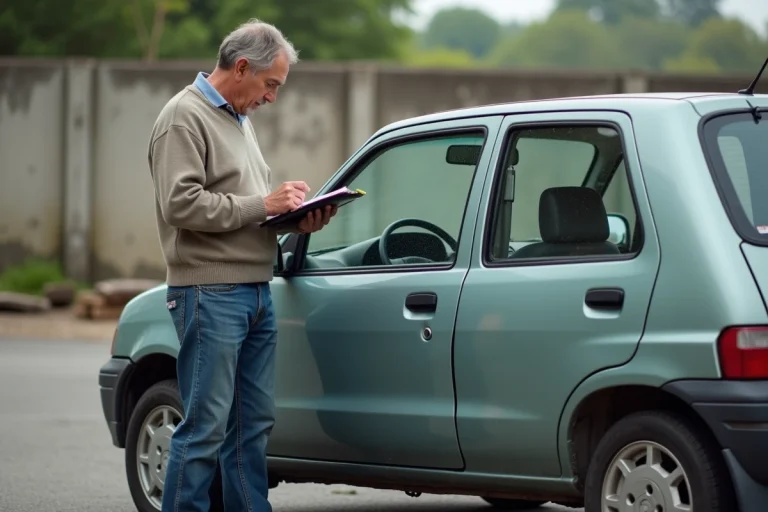 Homme contemplant une voiture endommagee en parking