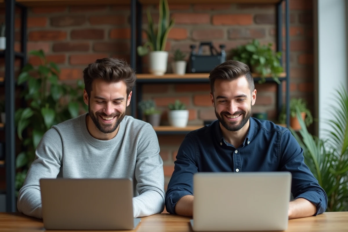 Deux hommes en coworking travaillant sur leurs laptops