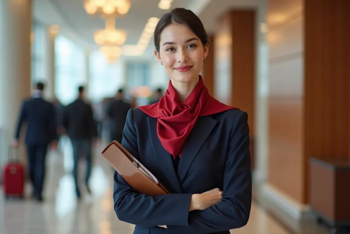 Jeune hôtesse en uniforme dans un lounge aéroport