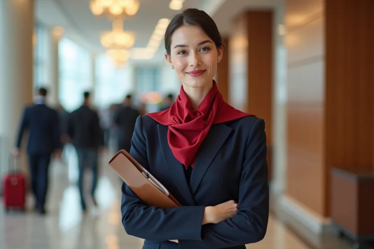 Jeune hôtesse en uniforme dans un lounge aéroport