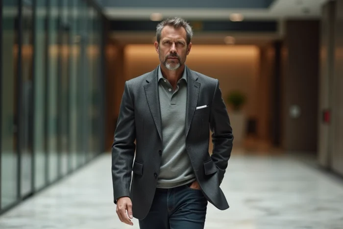 Homme d'affaires en blazer slim-fit Hugo Boss anthracite marchant dans un lobby contemporain en verre et acier
