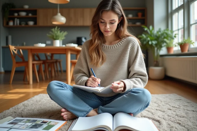 Femme dessinant des idées de décoration intérieure dans un salon lumineux