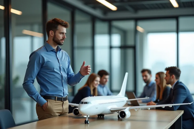 Jeune ingénieur aéronautique expliquant un modèle d'avion moderne