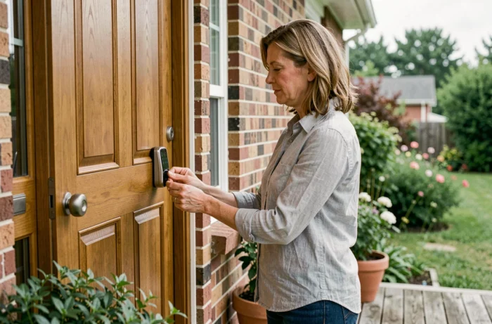 Femme installant une serrure connectée sur une porte d'entrée en chêne pour sécuriser sa maison