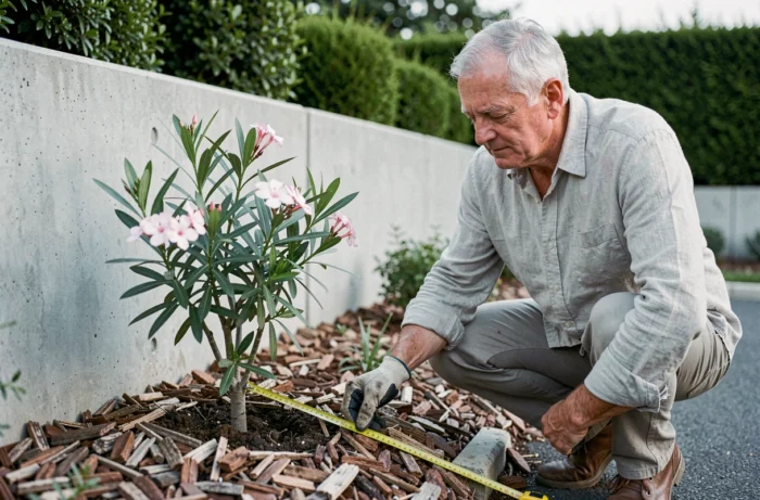 Jardinier mesurant la distance de plantation d'un laurier rose par rapport à un mur de jardin
