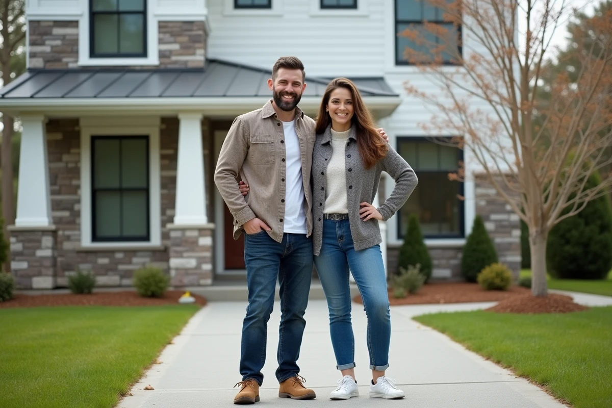 Jeune couple souriant devant maison neuve avec conseiller
